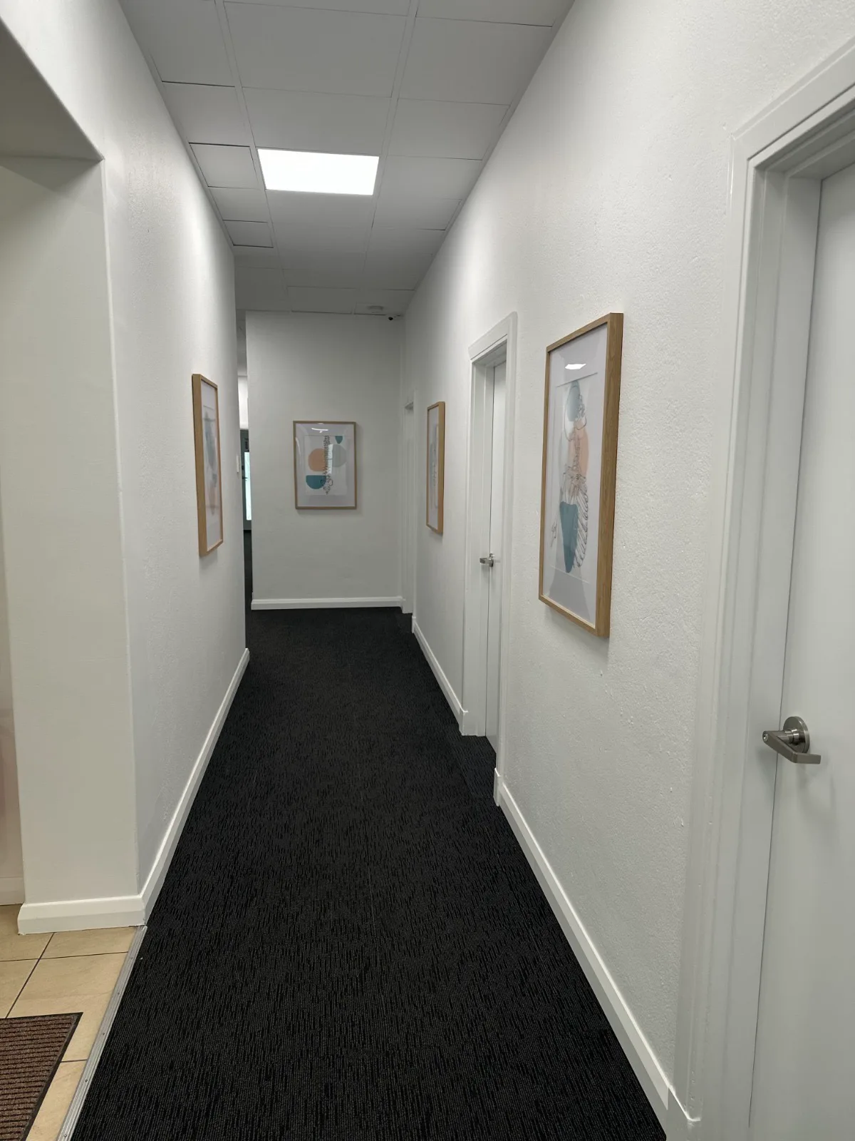 The corridor to the consulting rooms at Adelaide Health Group, hung with framed anatomical prints
