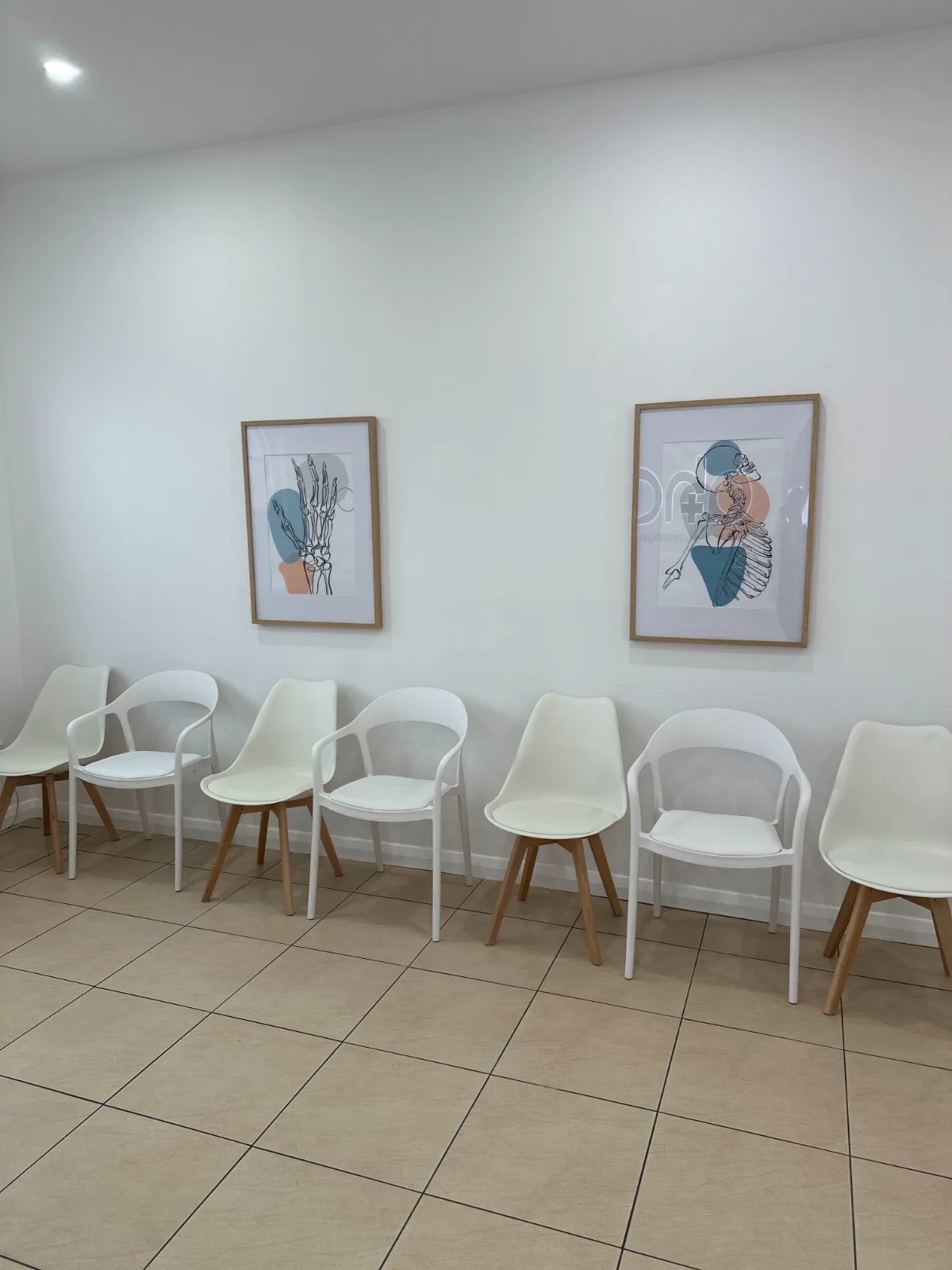 White chairs along the waiting room wall at Adelaide Health Group beneath two framed anatomical prints